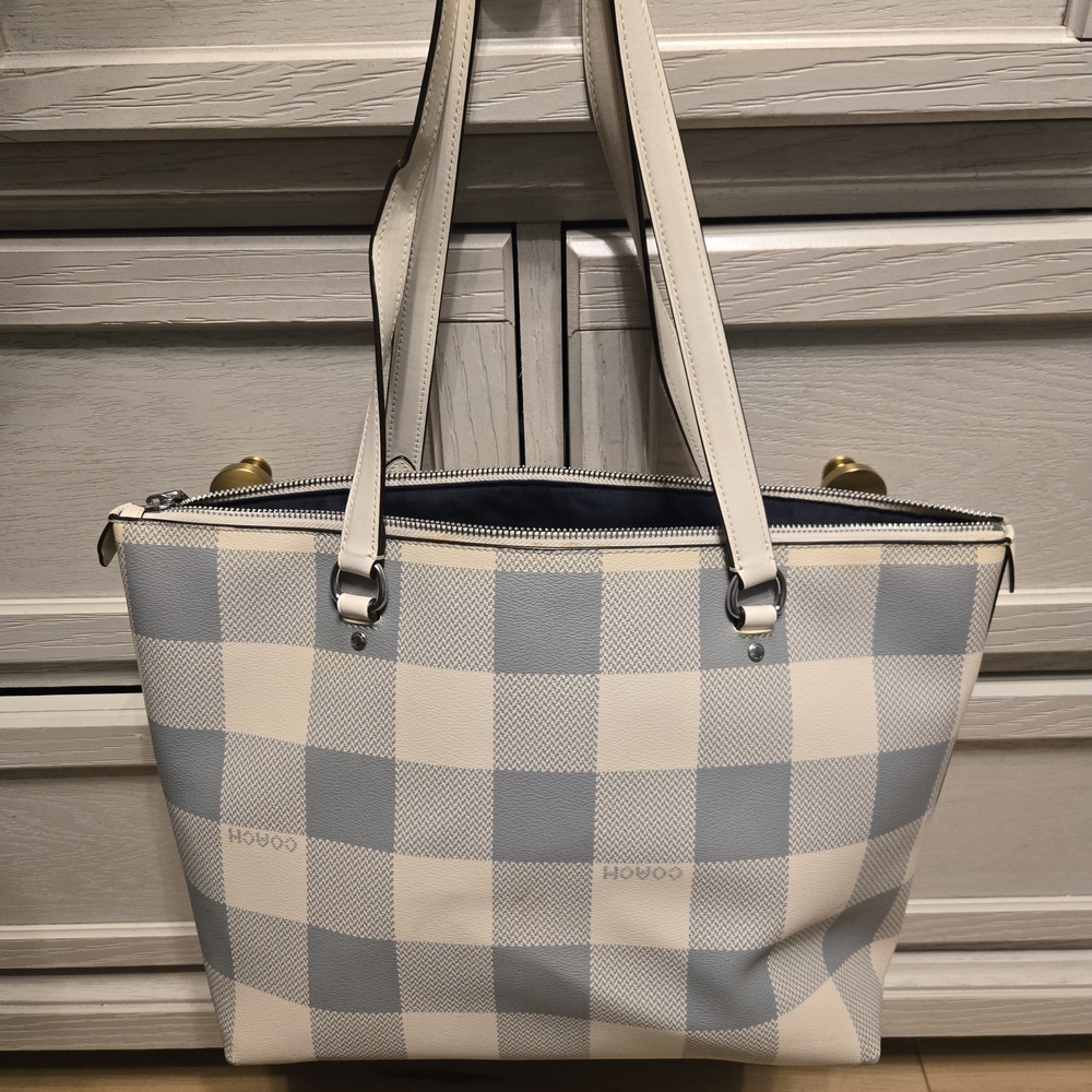 Coach Blue and Cream Checkered Tote - Picture 2 of 4